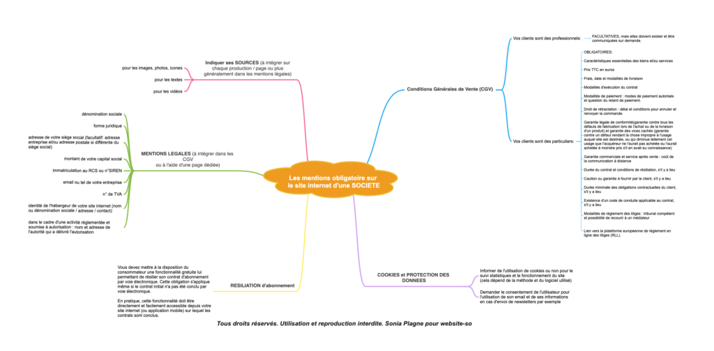 Carte mentale représentant les différentes mentions à faire apparaitre sur le site internet d'une société, d'après le site entreprendre-service.public du gouvernement